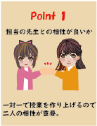 担当の先生との相性が良いか 一対一で授業を作り上げるので、二人の相性が重要です。